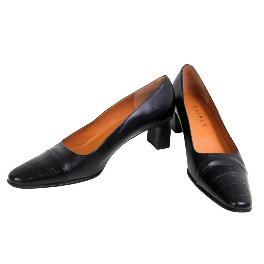 Lauren Ralph Lauren BLACK GENUINE LEATHER MID HEEL CLASSIC PUMP SHOES Sz 7 1/2 B